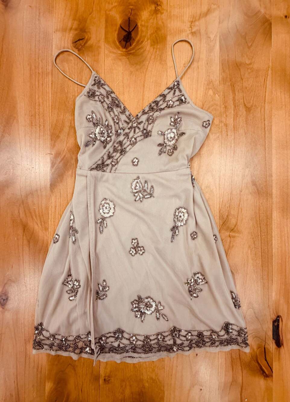 Altar'd State Tan Beaded and Sequined Spaghetti Strap Wrap Mini Dress M